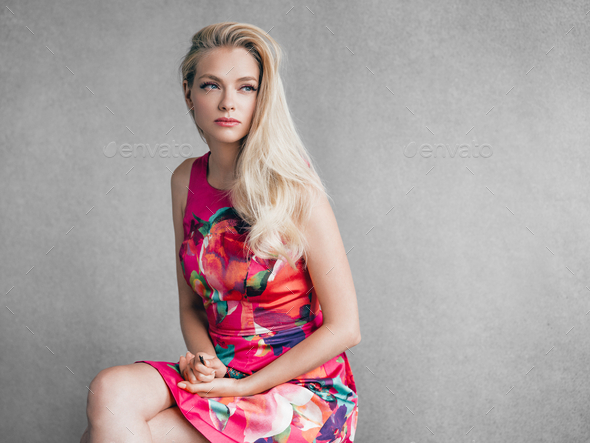 Nice Woman In Red Dress Blonde Short Hair Fashion Female Portrait Cute